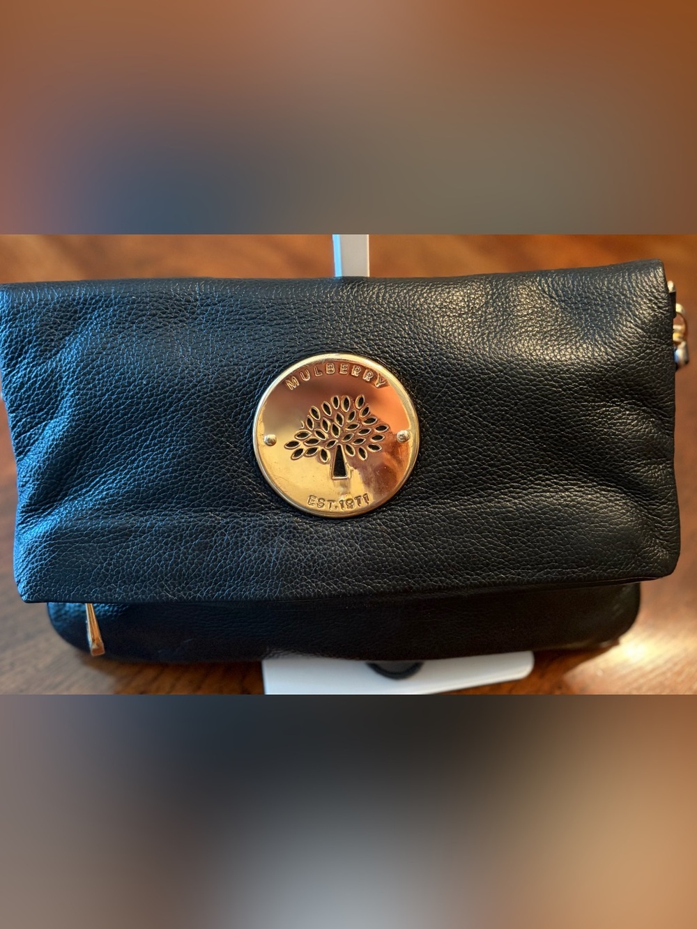 Mulberry Black Leather Crossbody Fold Over Bag with Gold Tree Logo Plaque. EUC
